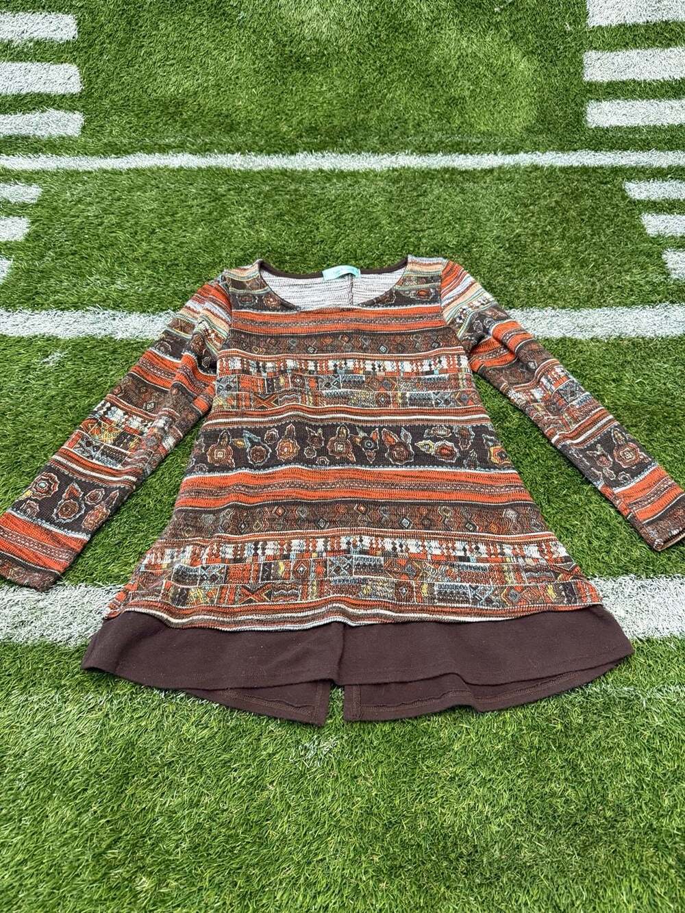 Chris & Carol Women's Long Sleeve Tunic Top with Aztec Print and Asymmetric Hem